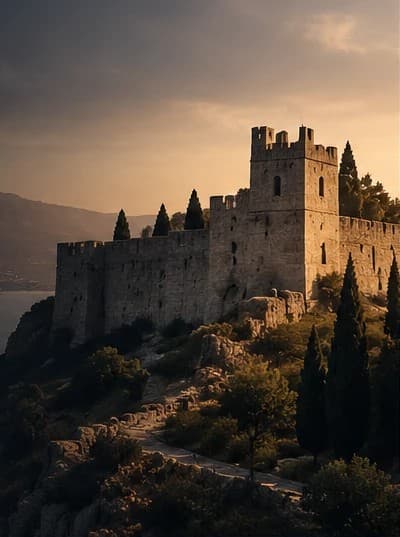 A hilltop fortress at sunset