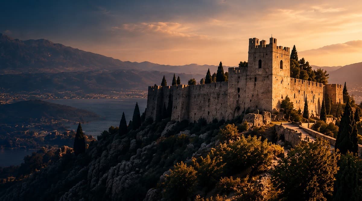 A hilltop fortress at sunset